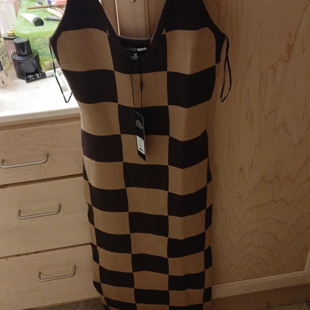 Fashion Nova Tan and Black Checkered Midi Dress